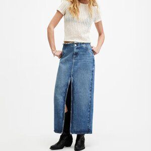 AllSaints NEW Skirt 'Cyra' Maxi Blue Denim Jean‎ Frayed Waist Front & Back Slits